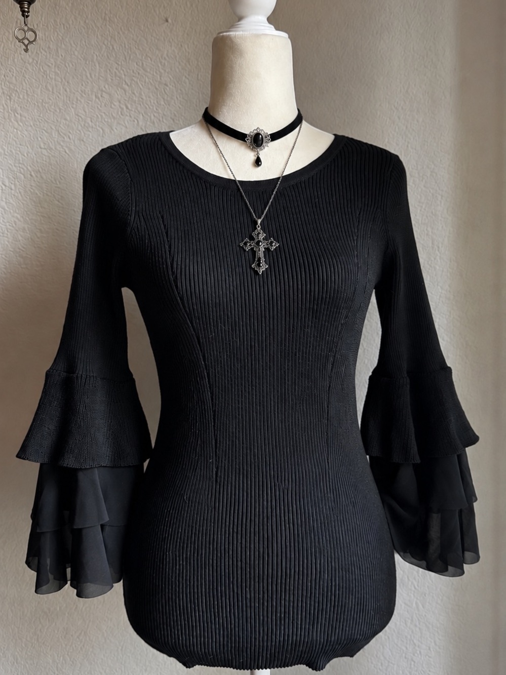 Design History Black Ribbed Tiered Bell Sleeve Top